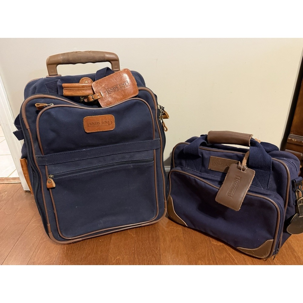 VTG Lands' End 22" Wheeled Carryon Suitcase & Personal Bag Canvas w Leather Trim